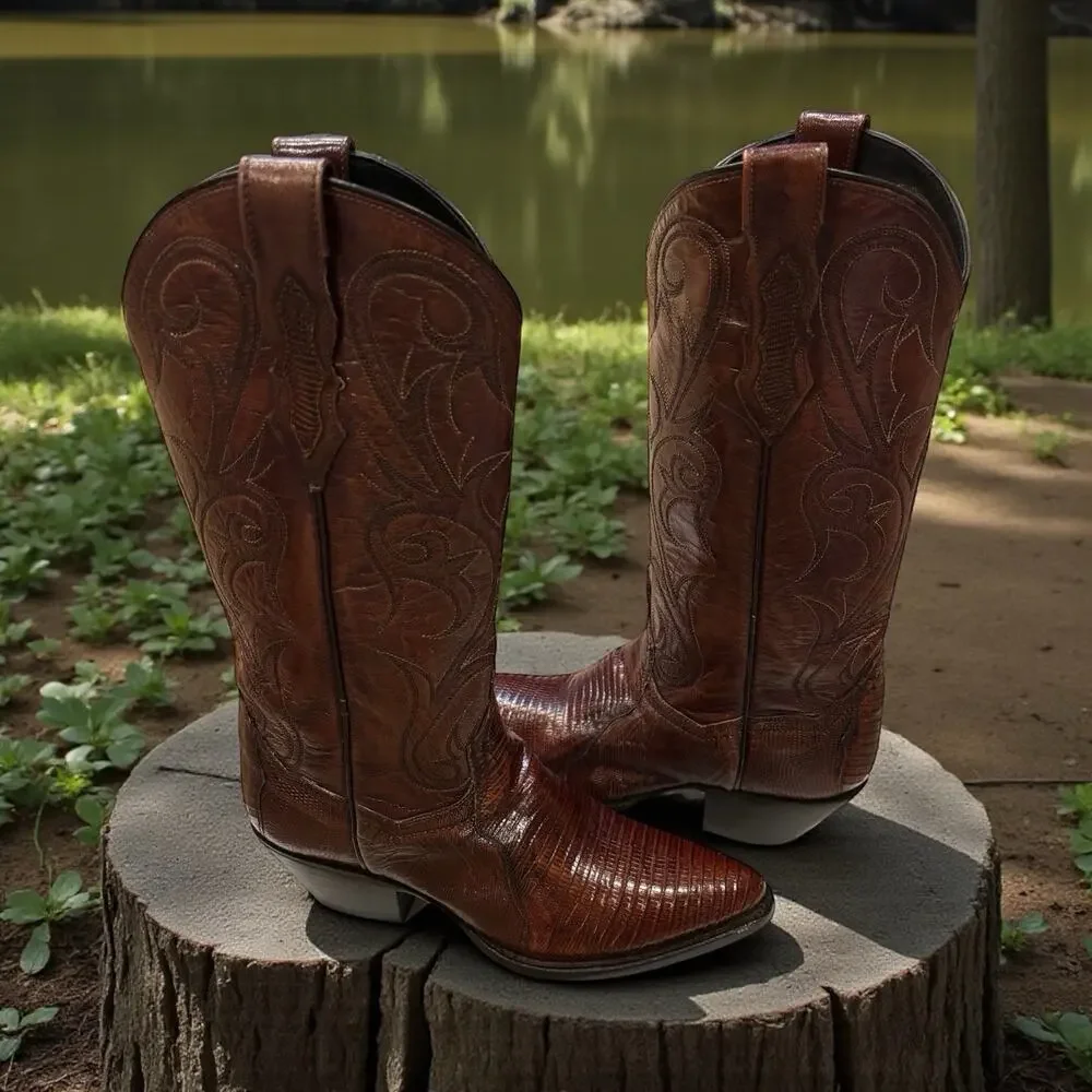 Vintage 1996 Dan Post Teju Lizard Cowboy Boots Brown Mens 6 Wide | W 7. 5-8 EUC!